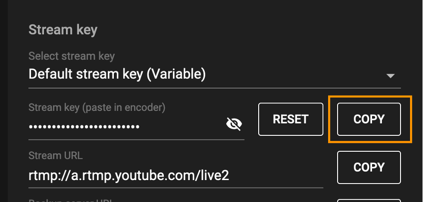 Screenshot of the YouTube Stream Key Dialogue